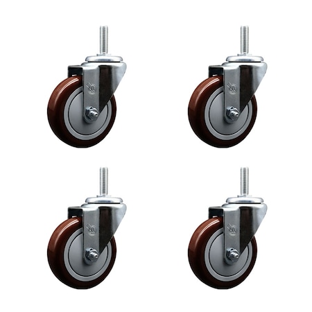 Service Caster 4 Inch Maroon Polyurethane Wheel Swivel 58 Inch Threaded Stem Caster Set Service Caster SCC-TS20S414-PPUB-MRN-58212-4